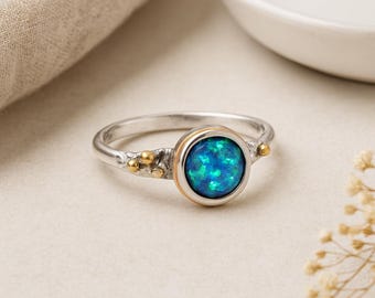 Blue Opal Ring • Sterling Silver with 14kt Gold Fill & Brass • Molten Organic Ring • October Birthstone Gift for Her •