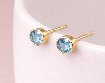 Gold Plated Sterling Silver March Aquamarine Birthstone Stud Earrings – 7mm