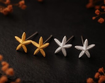 Silver And Gold Plated Starfish Duo Stud Earring Set