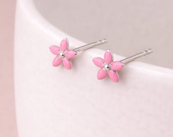 Sterling Silver Pink Forget Me Not Micro Stud Earrings – 4mm