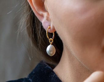 18ct Gold Plated Round Pearl Creole Hoop Earrings