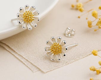 Sterling Silver Golden Daisy Stud Earrings