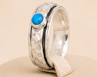 Personalised Hammered Sterling Silver Blue Opal Spinner Ring