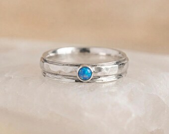 Personalised Blue Opal Spinner Ring in Hammered Sterling Silver
