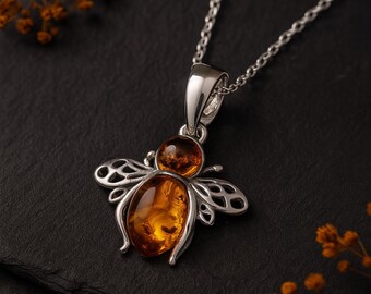 Personalised Sterling Silver Baltic Amber Bumble Bee Necklace