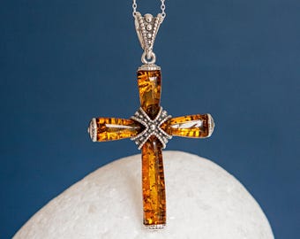 Mens Personalised Sterling Silver Baltic Amber Cross Necklace