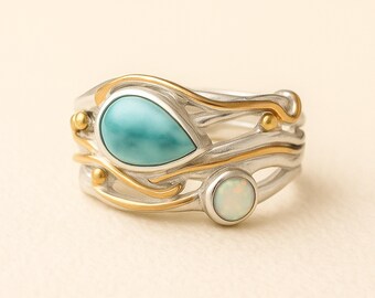 Molten Sterling Silver Larimar And White Opal Ring