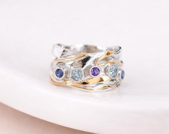 Molten Sterling Silver Topaz Amethyst and Iolite Ring