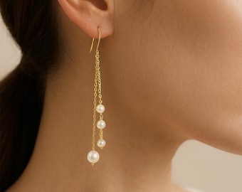 Pearl Earrings • Gold Plated Sterling Silver Long Drop Earrings • Bridal Pearl Jewellery • Gift for Her • Classic Everyday Earrings •
