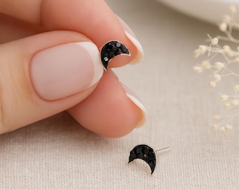 Sterling Silver Black Crystal Moon Stud Earrings: Gothic Halloween Gift – 5mm