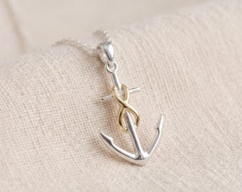 Personalised Infinity Anchor Pendant Necklace in Sterling Silver and Gold