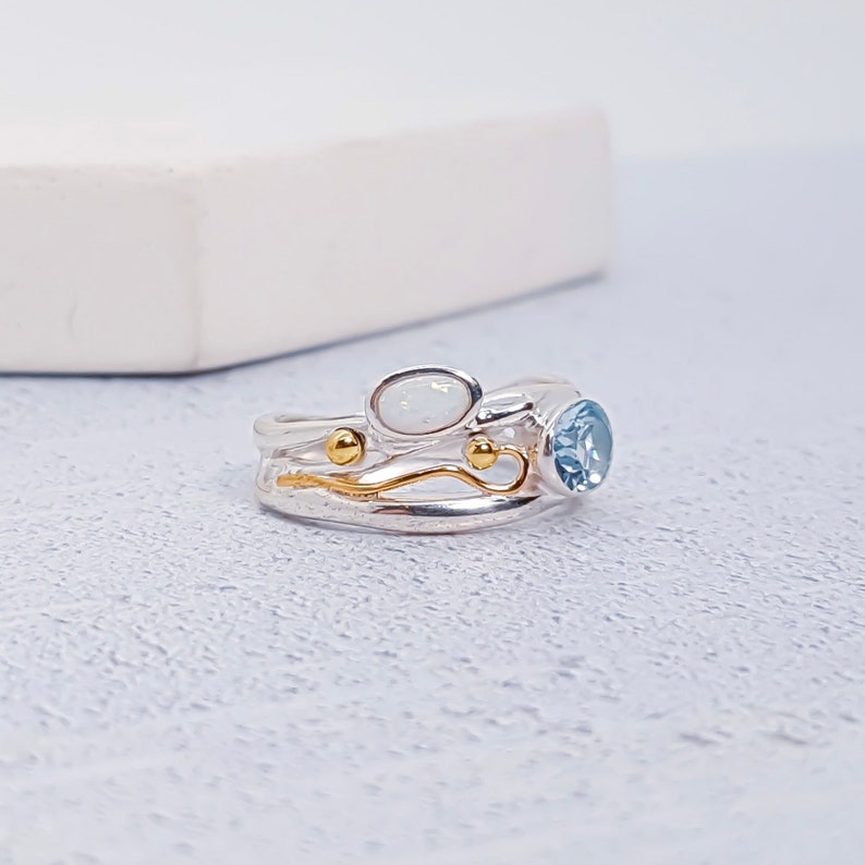 UK L Sterling Silver Sky Blue Topaz and White Opal Ring for Women Organic Gemstone Ring * Personalized With Up To 40 Characters