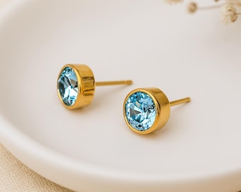 Aquamarine Stud Earrings • Gold Plated Sterling Silver • March Birthstone Gift • Dainty Blue CZ Studs • Gift for Her •