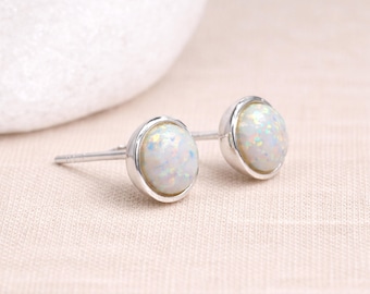 Sterling Silver White Opal Stud Earrings – 6mm