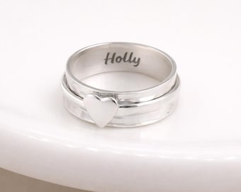 Personalised Sterling Silver Dainty Heart Spinner Ring – 8mm