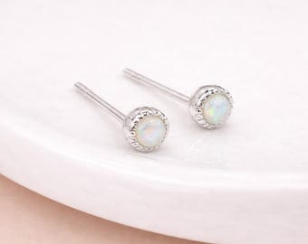 Hammered Sterling Silver Opal Micro Stud Earrings – 4mm