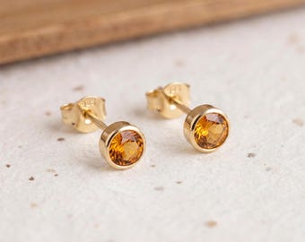 November Citrine Birthstone Stud Earrings in Gold Plated Sterling Silver