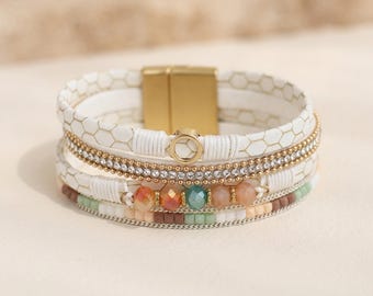 White Multistrand Cuff Bracelet with Gold Plating and Pastel Crystals