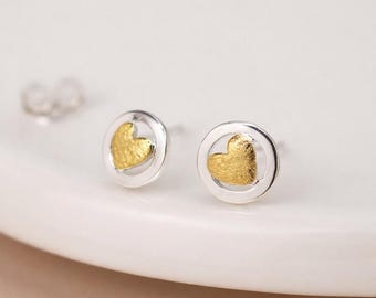 Sterling Silver And Gold Heart Stud Earrings – 8mm
