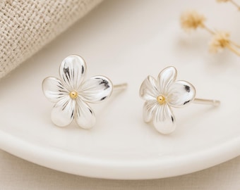 Sterling Silver Cherry Blossom Stud Earrings: 18ct Gold Accent
