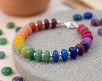 Personalised Rainbow Jade Bracelet in Sterling Silver