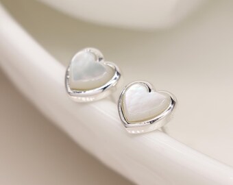 Sterling Silver Mother of Pearl Heart Stud Earrings
