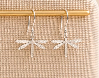 Sterling Silver Hammered Dragonfly Drop Earrings – 25mm X 15mm