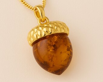 Personalised Gold Plated Sterling Silver Baltic Amber Acorn Necklace