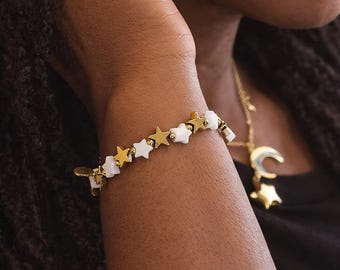 Personalised Waterproof Gold Plated Star And White Star Stretch Bracelet