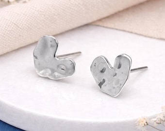 Sterling Silver Hammered Heart Stud Earrings – 12mm