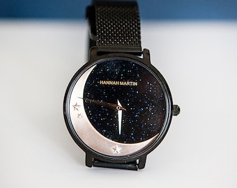 Personalised Black and Rose Gold Moon and Stars Watch