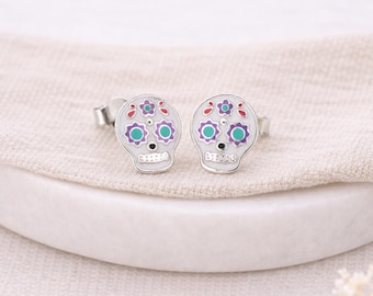 Sterling Silver Sugar Skull Stud Earrings – 10mm x 8mm
