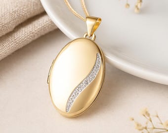 Personalised Large Solid 9ct Gold Diamond Oval Locket