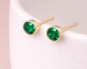 Gold Plated Sterling Silver May Emerald Birthstone Stud Earrings – 7mm