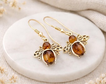 Gold Plated Sterling Silver Baltic Amber Bee Drop Earrings – 15mm