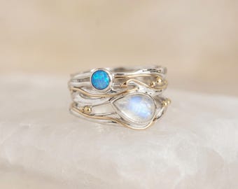 Rainbow Moonstone and Opal Wide Ring in Molten Sterling Silver and Gold