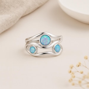 Molten Sterling Silver Opal Ring: Triple Blue Opal Statement, UK K-T