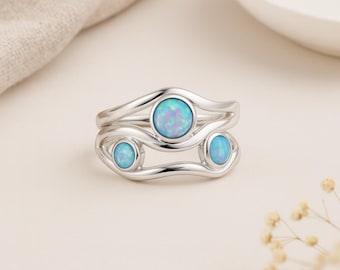 Molten Silver Opal Ring • Triple Blue Opal Statement Ring • Organic Sterling Silver • UK Sizes K–T • October Birthstone Gift •
