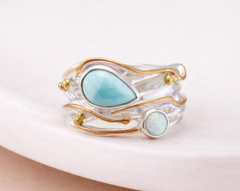 Molten Sterling Silver Larimar and Opal Ring