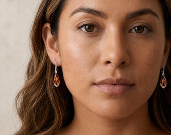 Sterling Silver Baltic Amber Teardrop Earrings – 8mm