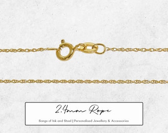 2.4mm 9ct Gold Rope Chain Necklace - 16in, 18in, 20in, 22in, 24in, 26in, 28in, 30in