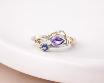 Molten Sterling Silver Amethyst and Iolite Engagement Ring