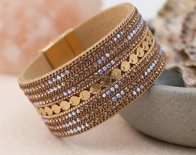 Featured listing image: Wide Aurora Borealis Cuff Bracelet with Gold Plating