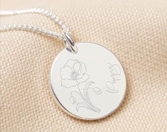 Personalised Sterling Silver Poppy Disc Necklace