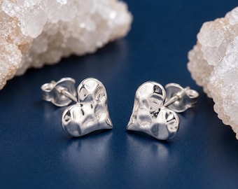 Personalised Hammered Heart Stud Earrings with Sterling Silver Plating