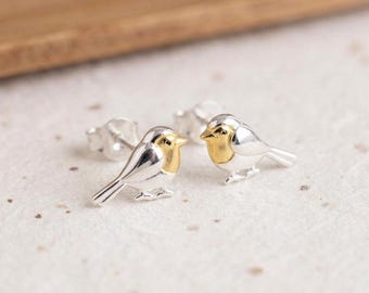 Robin Stud Earrings In Sterling Silver And Gold