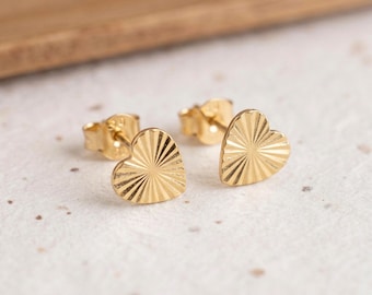 Personalised Sunburst Textured Heart Stud Earrings In Gold Plated Sterling Silver