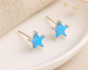 Blue Opal Star Stud Earrings • Sterling Silver • Dainty Celestial Studs • Gift for Her • October Birthstone • Cosmic Jewellery •