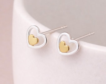 Sterling Silver And Gold Double Heart Stud Earrings – 9mm