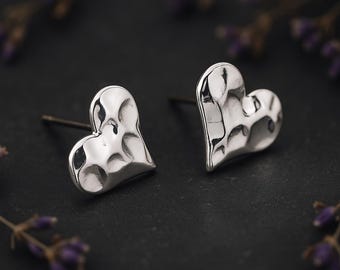 Silver Plated Hammered Heart Stud Earrings